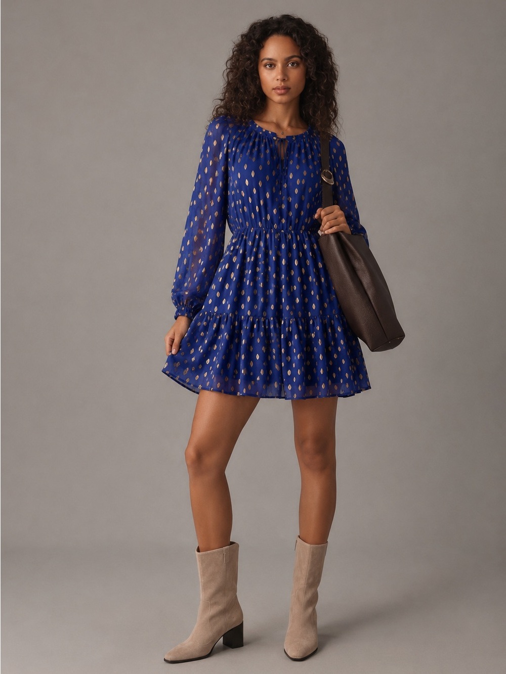 Blue Kirundo Gold Dot Chiffon Tiered Mini Dress Size L